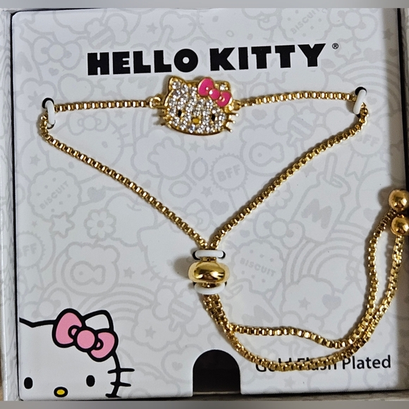 HELLO KITTY SANRIO GOLD FLASH PLATED CRYSTAL RHINESTONES SLIDE BRACELET NIB - Picture 2 of 5